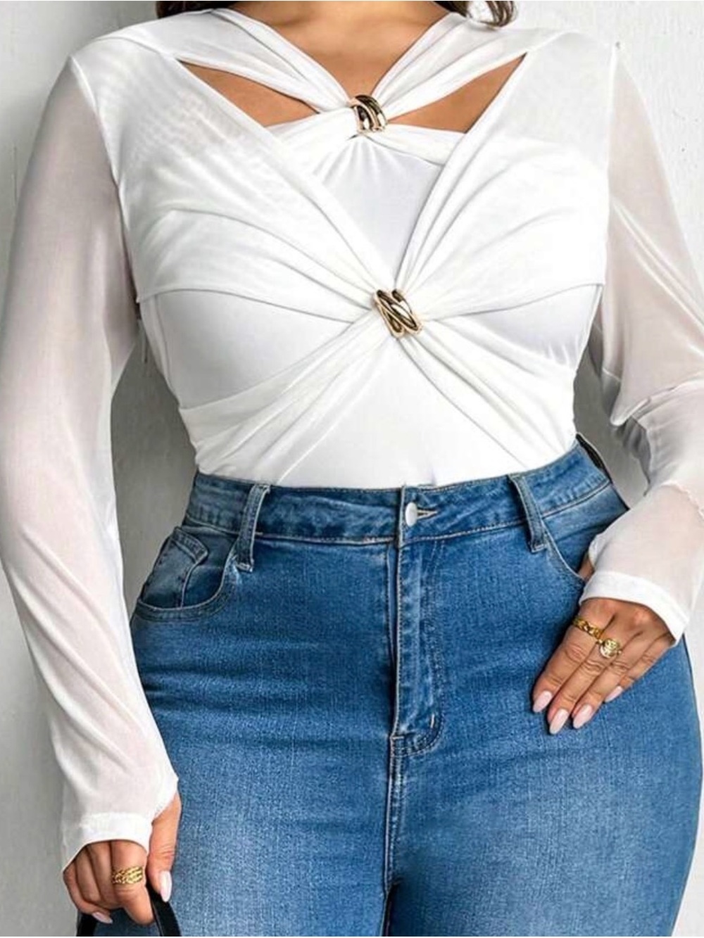 Women's White Twist-Front Long Sleeve Top